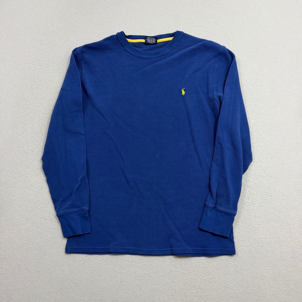 Polo Ralph Lauren Shirt Men Large Blue Sleepwear Thermal Waffle Knit Long Sleeve